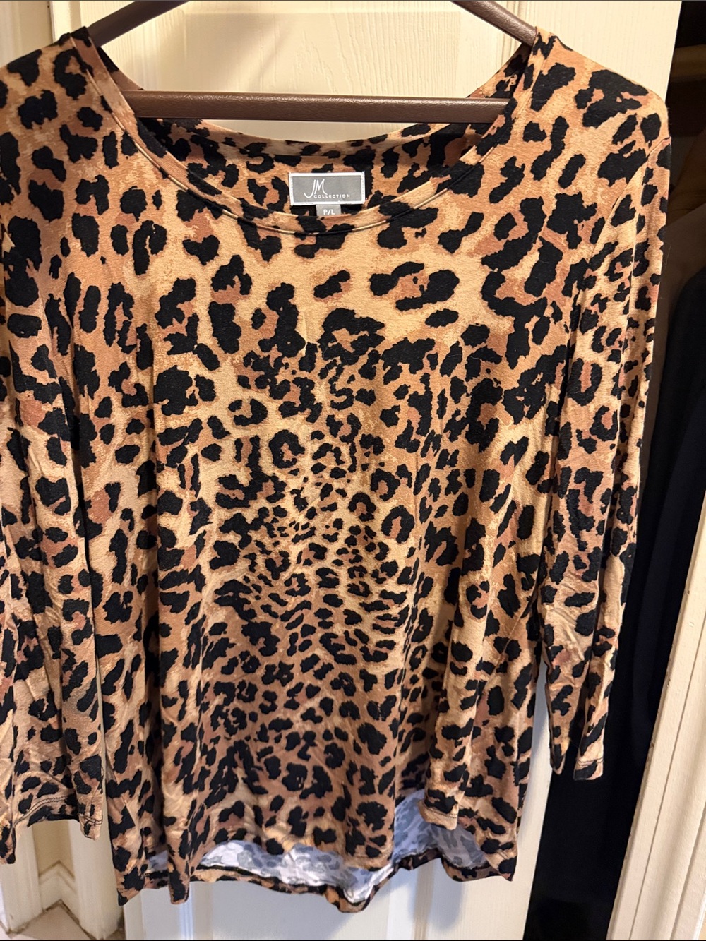 JM Collection Leopard-Print Long Sleeve Top in Tan and Black